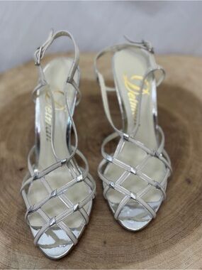 Designer Delman Bone/Silver Strappy Heel Sandals - 7M (Vintage-Inspired)